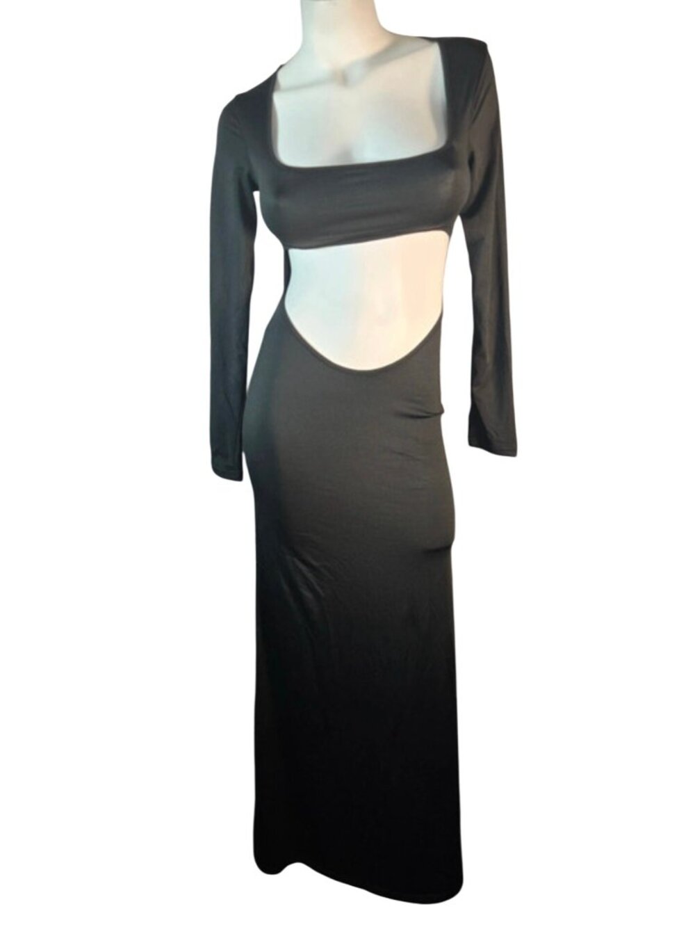 Open-Back Long Sleeve Black Bodycon Maxi Dress – Cutout Waist Midriff*M*Cosplay